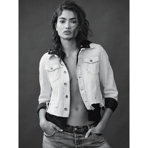 Free People Double Weave Pure Cotton Hooded Denim Jacket in White Liberty Wash - Picture 2 of 16